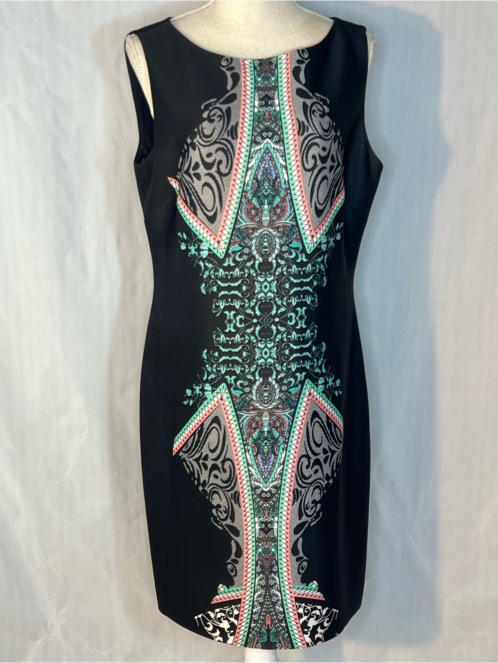 Tahari Arthur S Levine Dress Black W/Ornate Turquoise Pink White Sleeveless 12👍